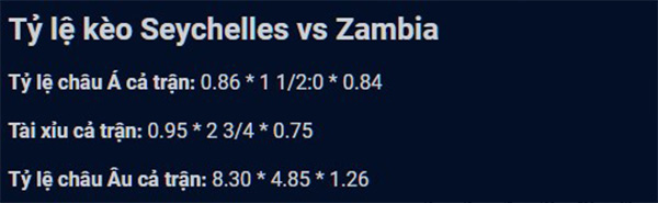 Tỷ lệ Seychelles vs Zambia
